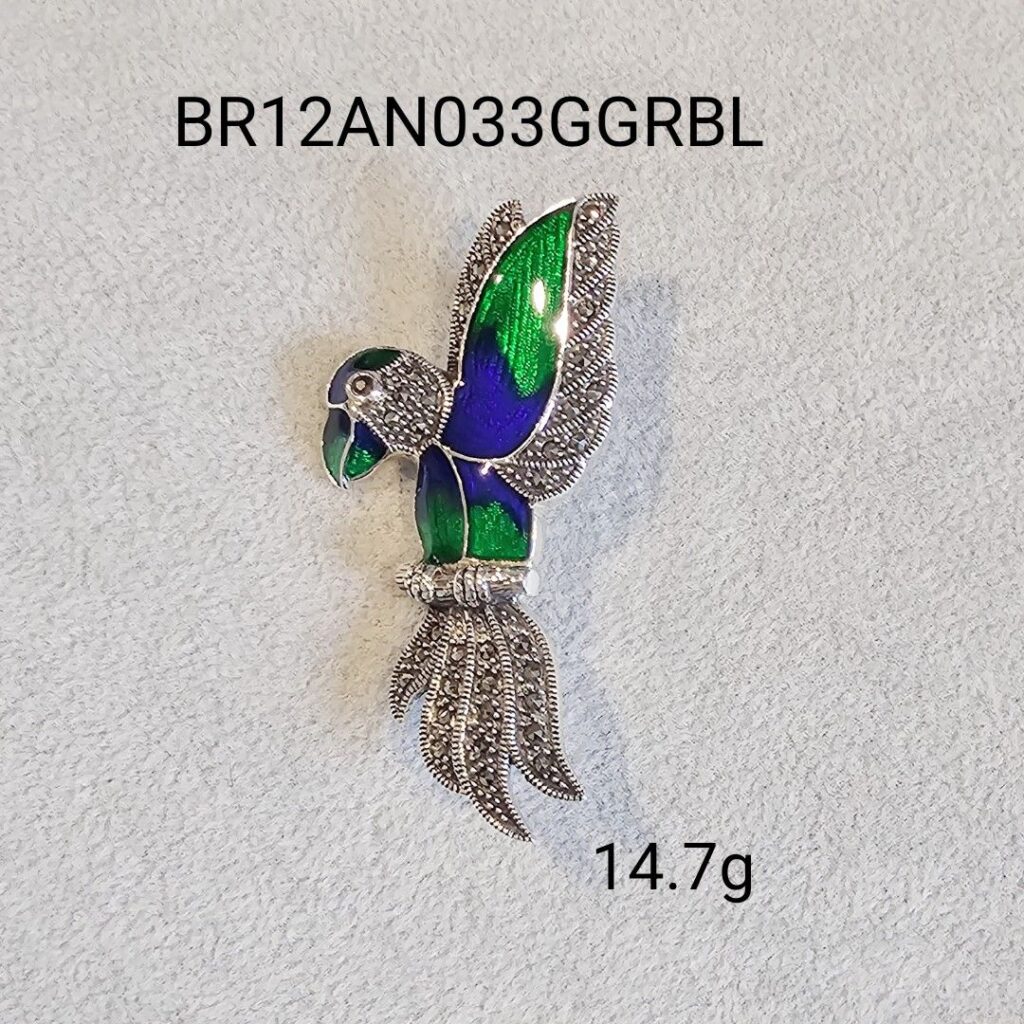 BR12AN033GGRBL - Green Blue Parrot Marcasite Brooch