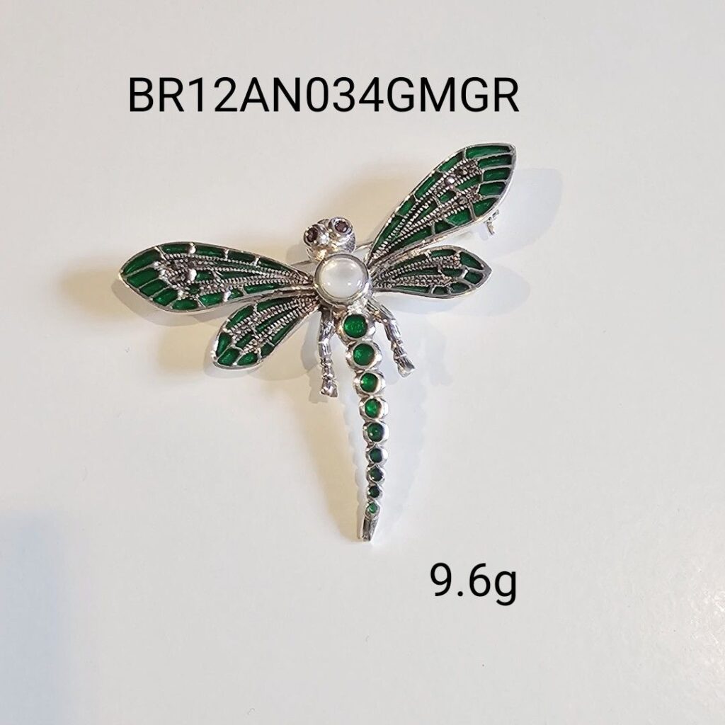 Dragonfly Marcasite Silver Brooch with Garnet, Mother of pearl and Enamel