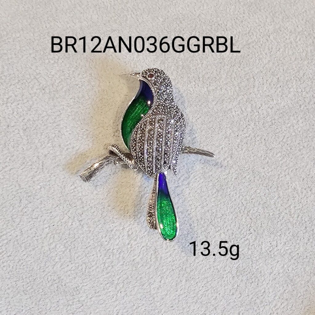 Lovely Bird Marcasite Silver Brooch with Enamel and Garnet's eye