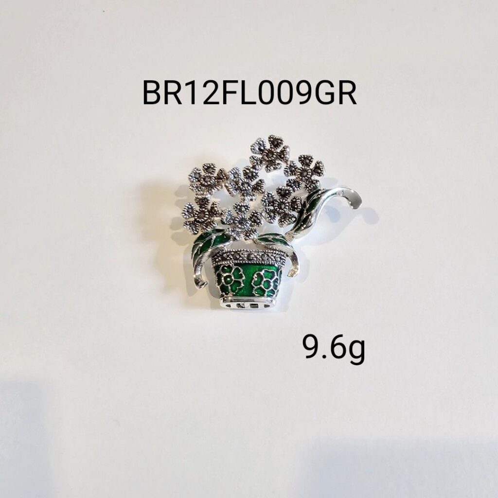 Flowers Marcasite Silver Brooch with Enamel